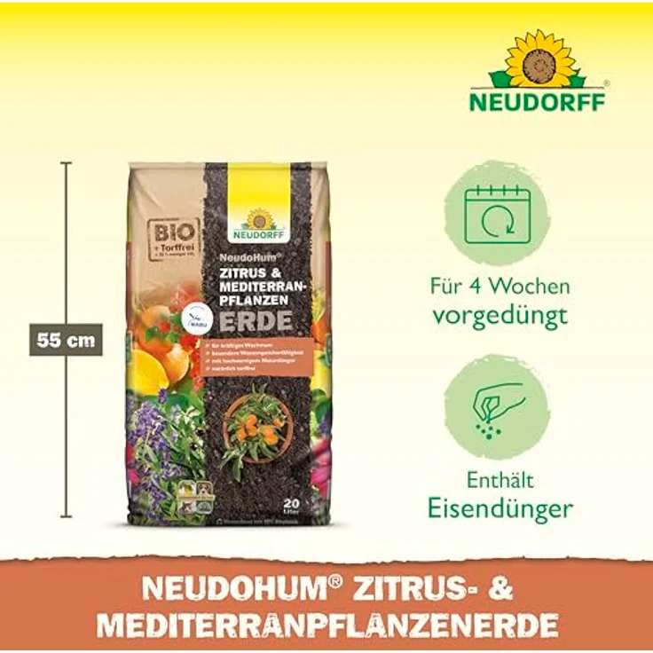 Neudorff NeudoHum Mediterranpflanzenerde, torffreies Pflanzsubstrat für Zitrus- und Kübelpflanzen, 20 l – Bild 3