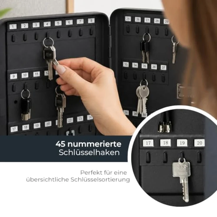 HMF Schlüsselkasten, Schlüsselschrank mit 3er Zahlencode, 6 nummerierte Hakenleisten, 30 x 24 x 7,5 cm, Schwarz – Bild 5