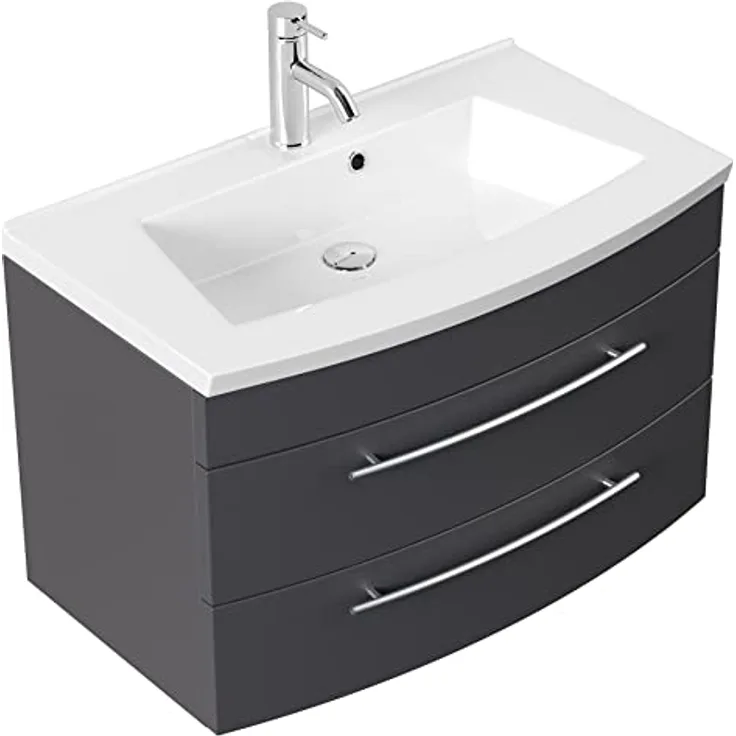 emotion Waschbecken mit Unterschrank in Anthrazit Seidenglanz, B82 x H53,2 x T49 cm, Mineralgussbecken mit zwei Schubladen und Softclose-System