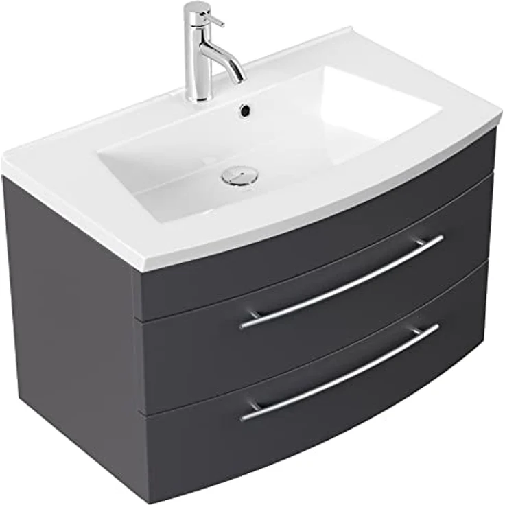 emotion Waschbecken mit Unterschrank in Anthrazit Seidenglanz, B82 x H53,2 x T49 cm, Mineralgussbecken mit zwei Schubladen und Softclose-System – Bild 1