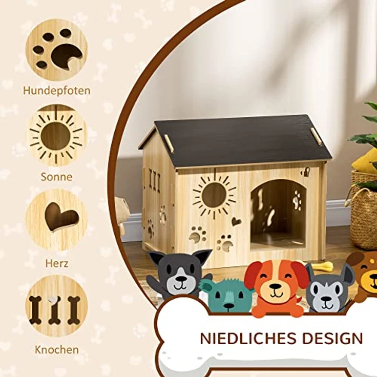 PawHut Hundehütte aus Holz Kleintierhaus mit Lüftungsöffnungen Hundehaus mit Dach Hundehöhle Indoor MDF Eiche+Schwarz 69 x 50 x 58,5 cm – Bild 4