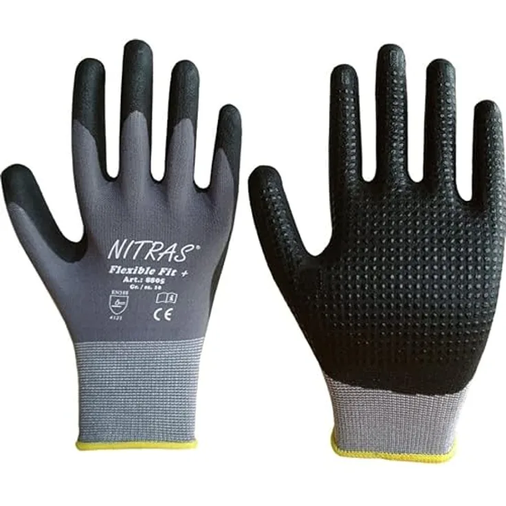 Nitras 8805-07 Flexible Fit, Nahtlose Strickhandschuhe mit Nitrilnoppen, rutschfest, Größe 7, 12 Stück