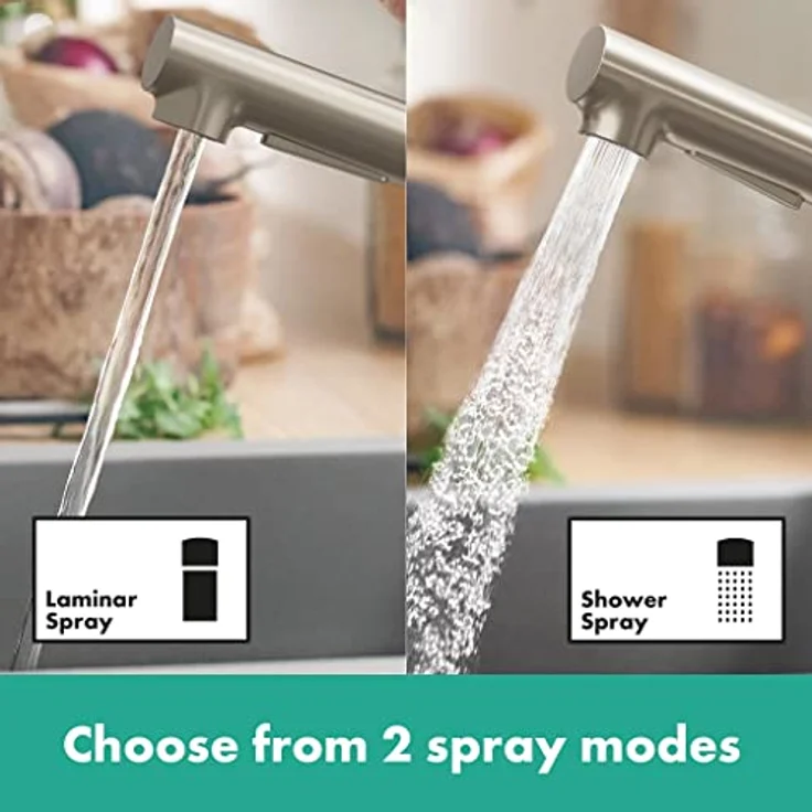 hansgrohe Zesis M33 Küchenarmatur 150, Ausziehbrause mit Edelstahl Finish, 150° Schwenkbereich, Laminar- und Brausestrahl, Temperaturbegrenzung einstellbar – Bild 3