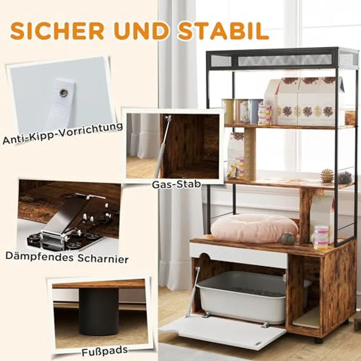 PawHut Tierhaus 2-in-1 mit 3-Ebenen-Regal, Kratzpfosten und Klapptür für Katzen bis 6 kg, Rustikal-Braun, 80 x 48 x 152 cm – Bild 6