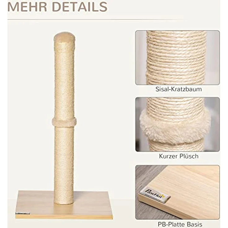 PawHut Kratzstamm für Katzen Kratzsäule aus Sisal Stabiler Kratzbaum Kratz Spielzeug Katze mit Ball 60 cm Spanplatte Sisal Beige+Eiche 34 x 34 x 60 cm – Bild 5