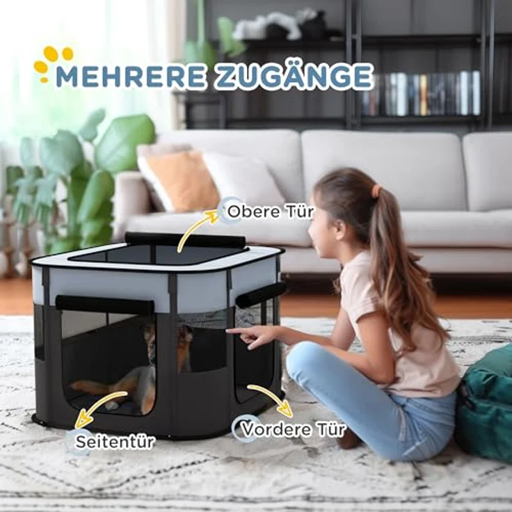 PawHut Welpenauslauf, faltbarer Welpenlaufstall mit Türen und Fenstern, atmungsaktives Netz, für Hunde bis 4 kg, grau, 74 x 60 x 45 cm, Indoor und Outdoor – Bild 4