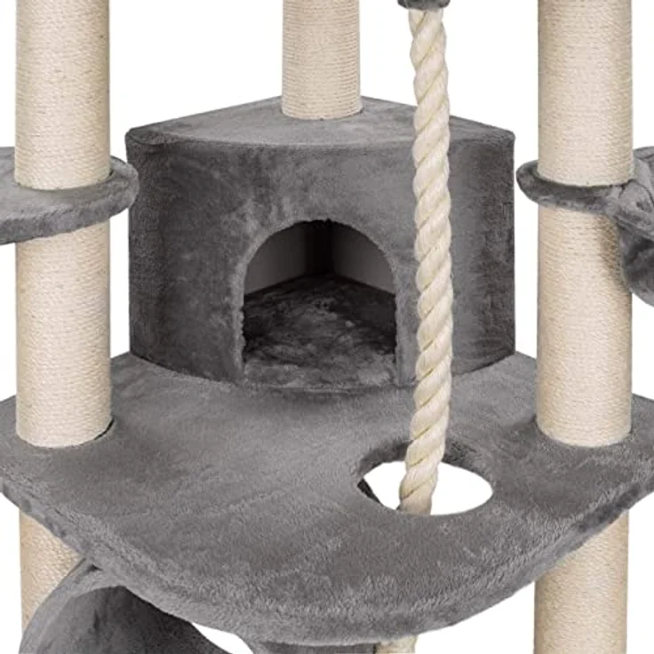 HAPPYPET Kratzbaum für Katzen groß 181 cm hoch - Stabiler Kletterbaum Katzenbaum, Dicke Stämme mit 11 cm, Haus & Spieltunnel, große Liegemulden, Spietau mit Kratzrolle, Grau – Bild 5