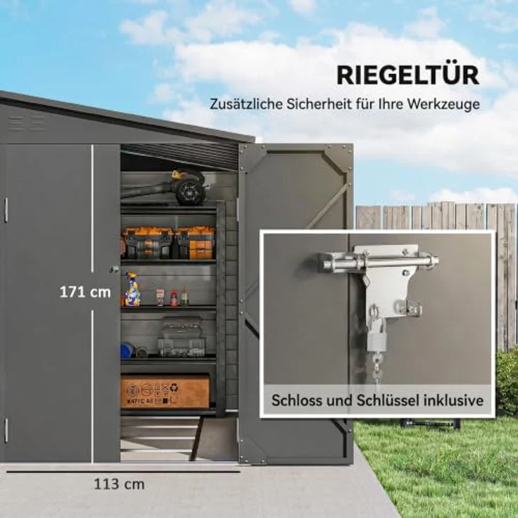 Outsunny Metall Gerätehaus 3,5 m², Geräteschuppen mit Pultdach und Doppelschiebetür, dunkelgrau – Bild 6