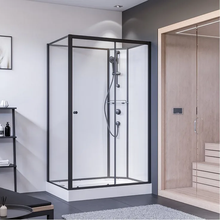 BREUER Eckdusche Komplettdusche Schiebetür mit Seitenwand links schwarz matt Klarglas, 5 mm Sicherheitsglas, ausschwenkbare Türelemente