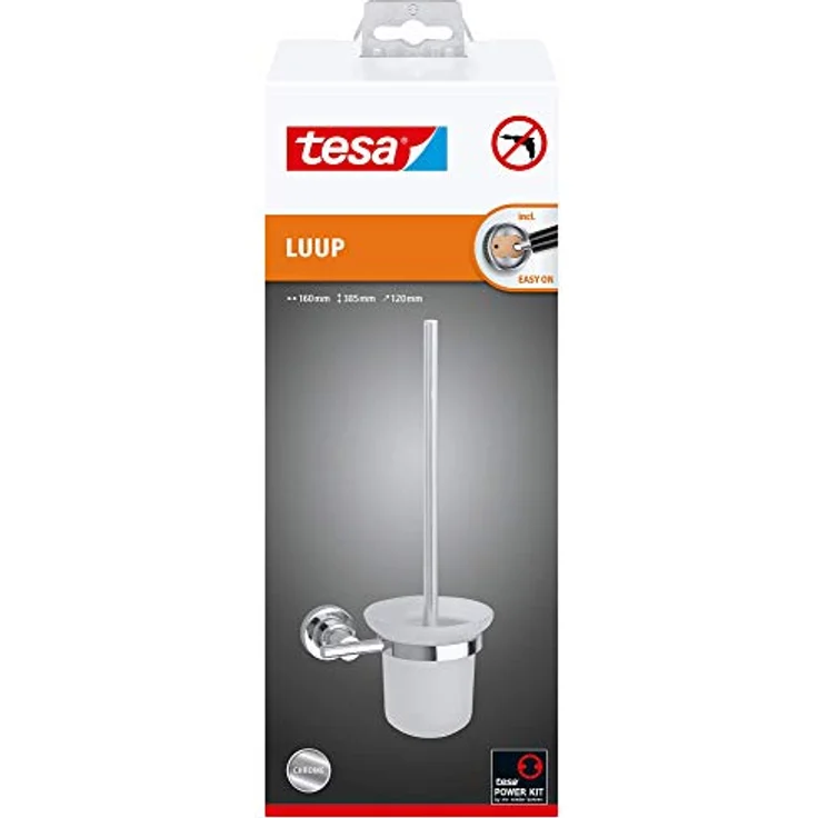 tesa LUUP WC-Garnitur, satiniertes Glas und verchromter Edelstahl - Toilettenbürsten-Set zur Wandbefestigung ohne Bohren, inkl. Klebelösung - 385mm x 160mm x 120mm – Bild 2