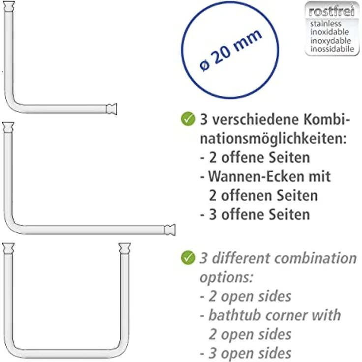 WENKO Winkelduschstange für Badewannen & Duschtassen, 3 verschiedene Kombinationsmöglichkeiten, zum Bohren – inkl. Befestigungsmaterial, aus rostfreiem & langlebigem Aluminium, Chrom – Bild 3