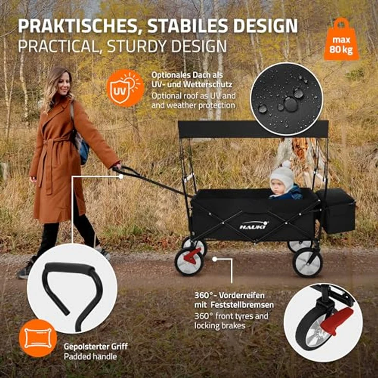 Hauki Bollerwagen L, faltbar mit abnehmbarem Dach, Schwarz, transportabel bis 80 kg, inkl. 2 Netztaschen, 1 Außentasche, Vorderrad-Bremse, 360° drehbare Reifen – Bild 3