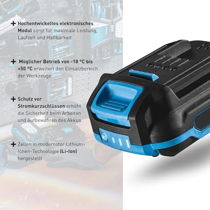 HÖGERT TECHNIK Akku-Bohrschrauber Set 18V, 50 Nm Drehmoment, 2,0 Ah Akku, 4A Ladegerät, Metallgetriebe, LED-Beleuchtung, Auto Lock Bohrfutter, für Holz und Metall – Bild 8