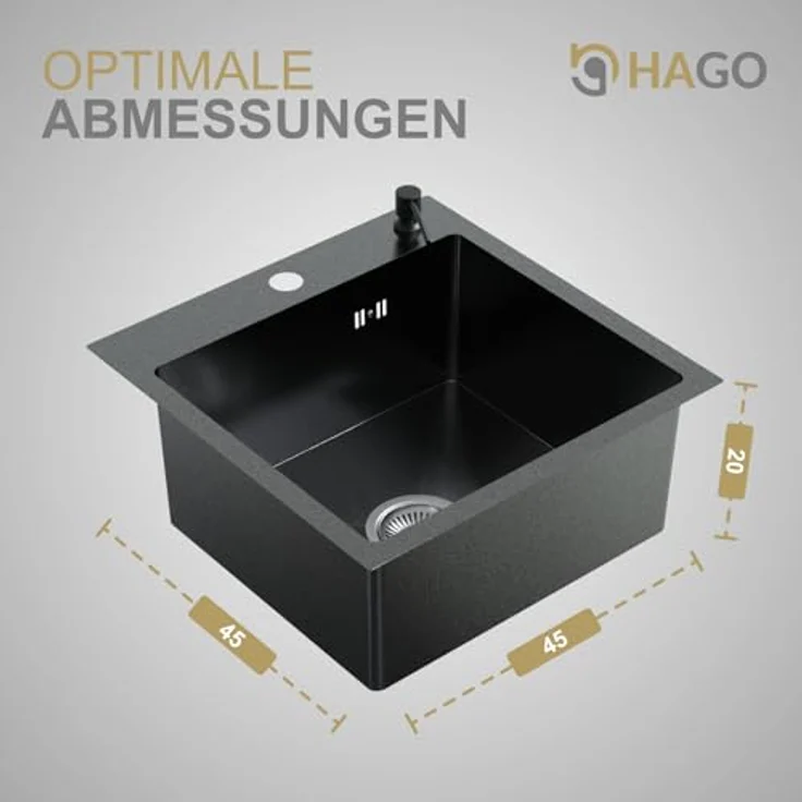 HAGO Edelstahlspüle Einbauspüle 45x45cm Eckig, rostfreies Edelstahl Spülbecken mit Ablaufgarnitur – Bild 7