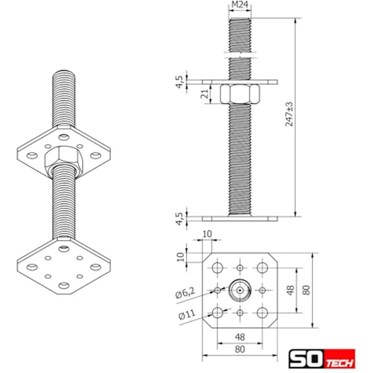 SOTECH Pfostenträger M24, 6er Set, 80 x 80 x 250 mm, Stahl verzinkt, höhenverstellbar, witterungsbeständig – Bild 5