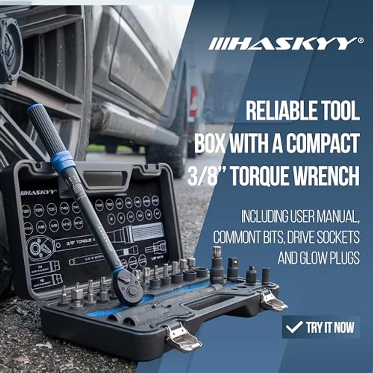 HASKYY Drehmomentschlüssel 3/8" 5-60Nm, Motorrad Ratsche Knarre, inkl. Bits und G-Nüsse – Bild 9