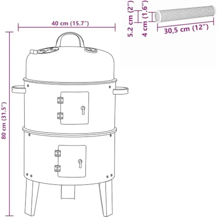 vidaXL Outdoor Grill Ø 40 x 80 cm, Kohlegrill aus Stahl Schwarz mit 3-in-1 Funktion und zwei Grillrosten – Bild 3