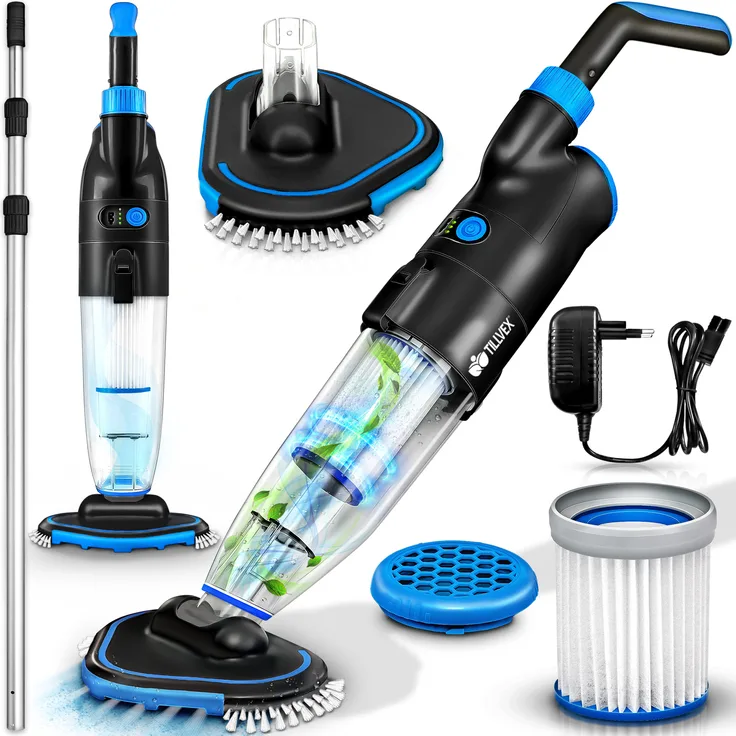 tillvex Poolsauger mit Akku, 3,6 m Teleskopstange, 2-Geschwindigkeits-System, kabellos für Pools bis 15 m³, inklusive Filter und Saugkopf