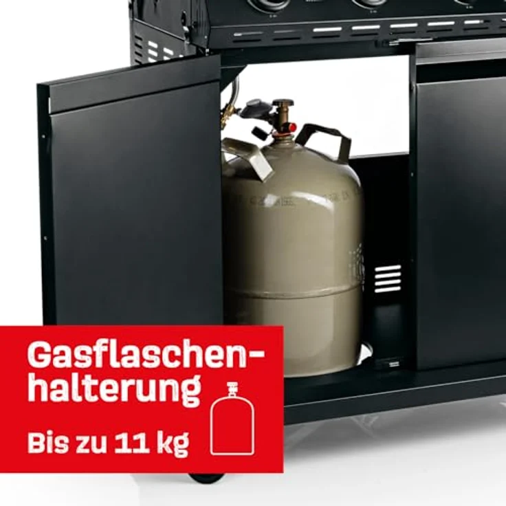 Landmann COOL BLACK 4.1 Gasgrill, Grillwagen mit 4 Brennern, bis zu 320 °C, Seitenbrenner, Cook-Zone, Warmhalte-Grillrost, großzügiger Grillfläche, Doppelwanddeckel und Thermometer – Bild 4