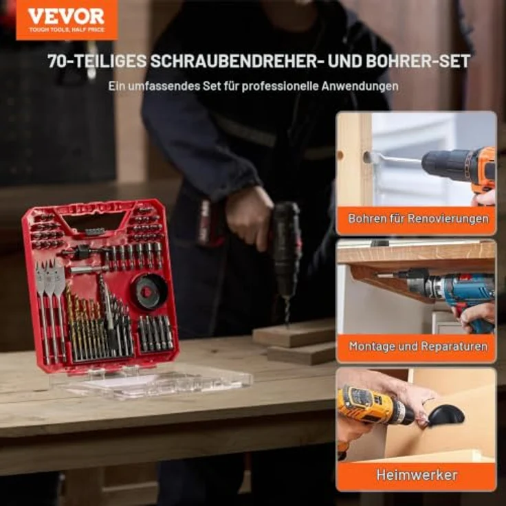 VEVOR 70-teiliges Bohrer- und Schraubendreher-Bit-Set, geeignet für Holz, Metall und Zement, inklusive Lochsäge und Dornadapter, in organisiertem Koffer – Bild 2