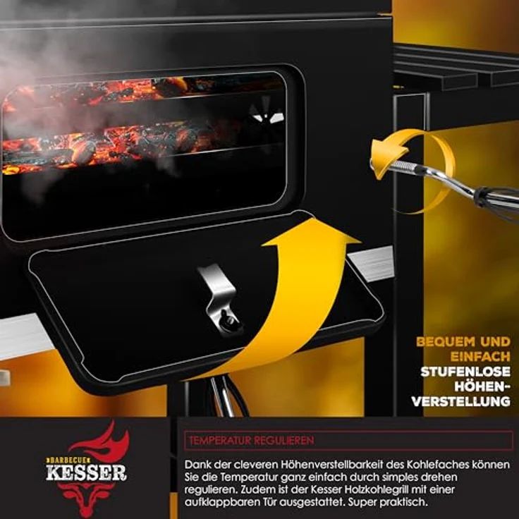 KESSER® Grill Grillwagen XL Holzkohlegrill mit Deckel, Rädern, Edelstahl-Griff, Abdeckhaube und Thermometer in Schwarz, BBQ Barbeque für Camping und Garten – Bild 5