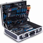 Scheppach TB200 Aluminium Werkzeugkoffer gefüllt 141-tlg Werkzeug Set | Robuster und leichter Werkstattkoffer in Aluminium, ergonomische Werkzeuge aus Chrom-Vanadium-Stahl, mit Soft Grip (blau)