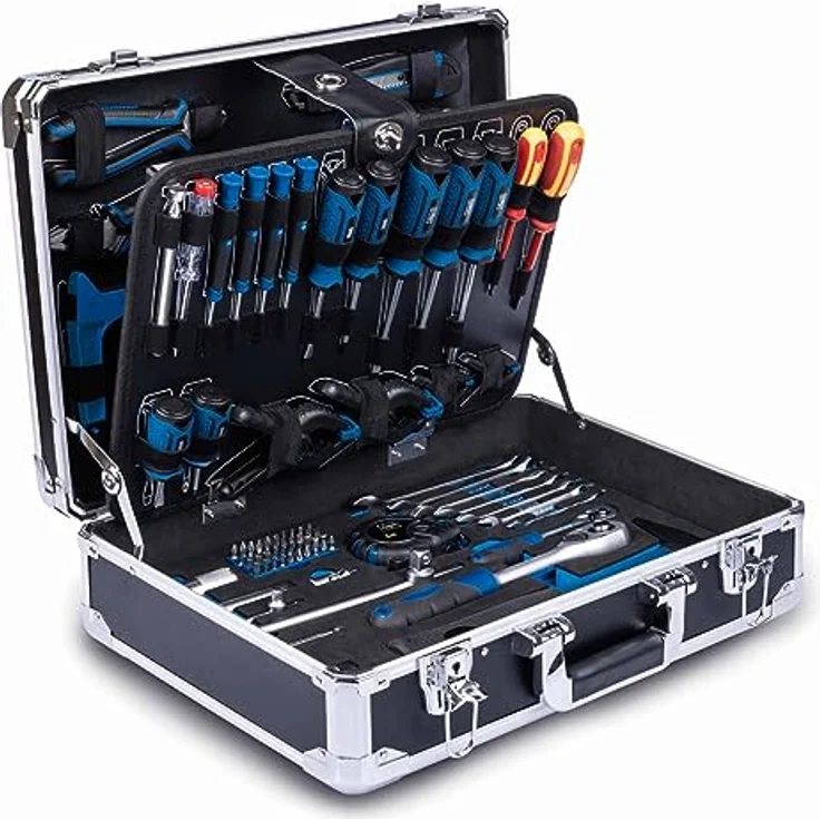 Scheppach TB200 Aluminium Werkzeugkoffer gefüllt 141-tlg Werkzeug Set | Robuster und leichter Werkstattkoffer in Aluminium, ergonomische Werkzeuge aus Chrom-Vanadium-Stahl, mit Soft Grip (blau) – Bild 1