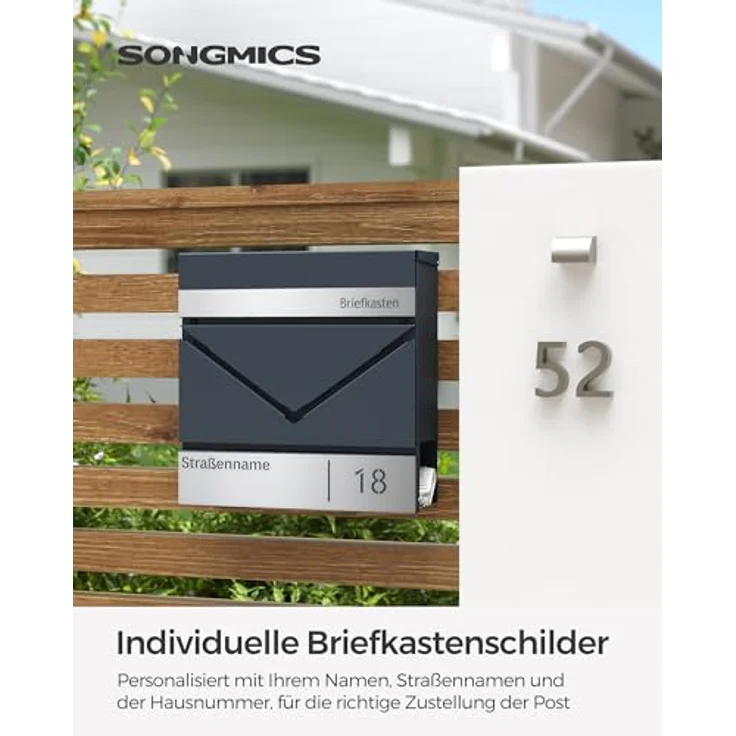 SONGMICS GMB080D01V1 Briefkasten personalisiert, abschließbar mit Namensschild und Hausnummernschild, anthrazit-silbern, wasserresistent, Zeitungsfach, V-förmiges Sichtfenster, einfache Montage – Bild 2