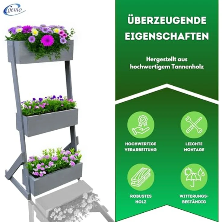 Vertikalbeet Petra Hochbeet Holz 3 Etagen Blumenkasten - Blumentreppe Kräuterbeet Frühbeet Blumenbeet Pflanzkasten inkl. Gartenvlies - Stufenbeet 66 x 49 x 140 cm für Terrasse Balkon & Wintergarten – Bild 3