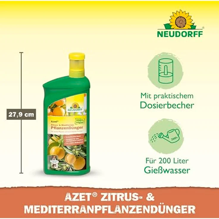 Neudorff Azet Zitrusdünger, Flüssigdünger 1L für Zitruspflanzen mit Extra Eisen, 100% natürlich und vegan – Bild 3