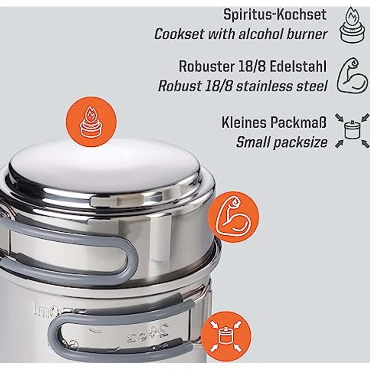 Esbit Campingkocher, kompakter Spiritus-Gaskocher mit 2 Edelstahltöpfen (985 ml und 470 ml), praktischem Netzbeutel und klappbarem Flammenregulierer, Aluminium Stand mit Brenner – Bild 2