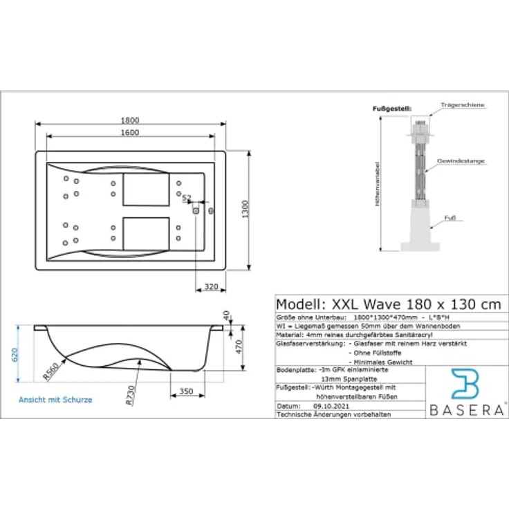 Basera® Whirlpool-Badewanne BASIC Indoor Whirlpool Badewanne XXL Wave 180 x 130 cm für 2 Personen, LED-Farblichtambiente, 16 Massagedüsen, Wasserfall, weiß - Preisvergleich – Bild 6