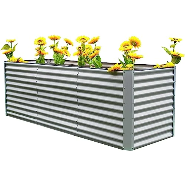 OUTFLEXX Hochbeet-Set aus Stahl mit Zincalume Beschichtung in Silber, ca. 180+80 cm, Frühbeet mit Erweiterung, großes Blumenbeet & Pflanzentrog – Bild 1