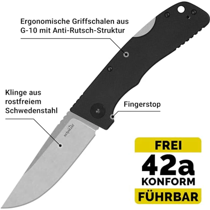 SCHNITZEL KVAR – Outdoor Taschenmesser - Sandvik 14C28N Schwedenstahl - G-10 Griffschalen - Bushcraft Klappmesser - EDC Messer Freizeitmesser Erwachsene - §42A Konform (Schwarz, Stonewashed) – Bild 2