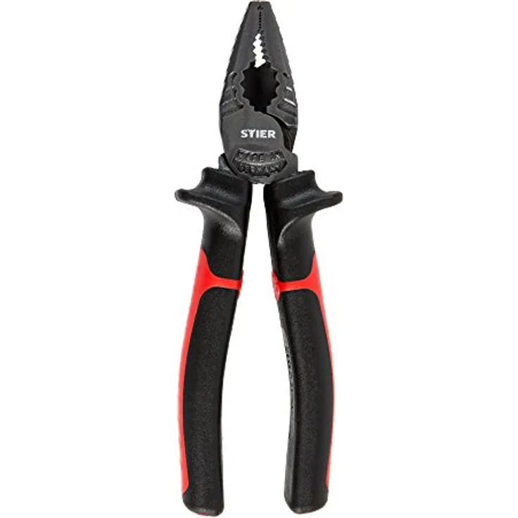 STIER Kraft-Kombinationszange 180 mm, Multifunktionale Greifzange mit Schneid- und Biegefunktion, Integrierter Ringschlüssel, 2-Komponentengriff, eckig