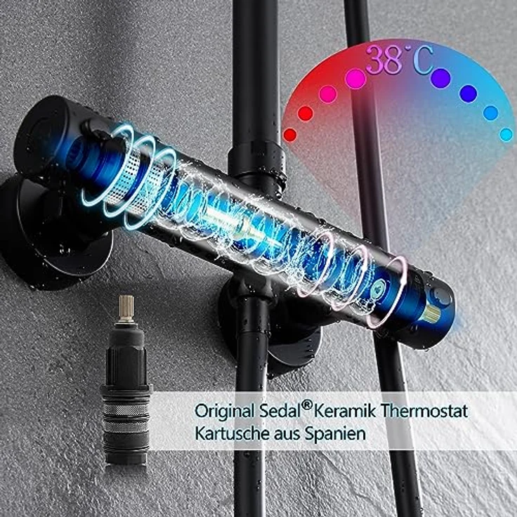 JOHO Thermostat Duschsystem, Regendusche Duschset mit 30x30cm Kopfbrause, Mischbatterie, Edelstahl, matt schwarz – Bild 4