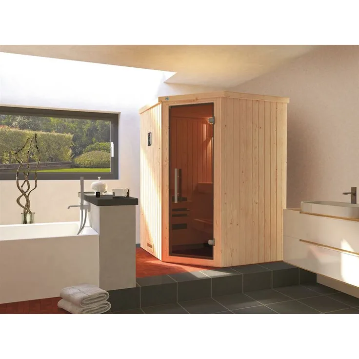 WEKA Element Ecksauna KIRUNA 1 GT Gr. 1 inkl. 3,6 kW Kompaktofen, 144x144x199 cm, naturbelassen