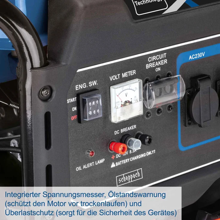 Scheppach SG7100x Benzin Stromgenerator mit E-Start, 4-Takt Benzin Motor mit 12PS, 5400W Leistung, 2x 230V, 1x 400V Steckdose, 12V Anschluss, 25L Tank, AVR-Technologie, inkl. Fahrvorrichtung – Bild 2