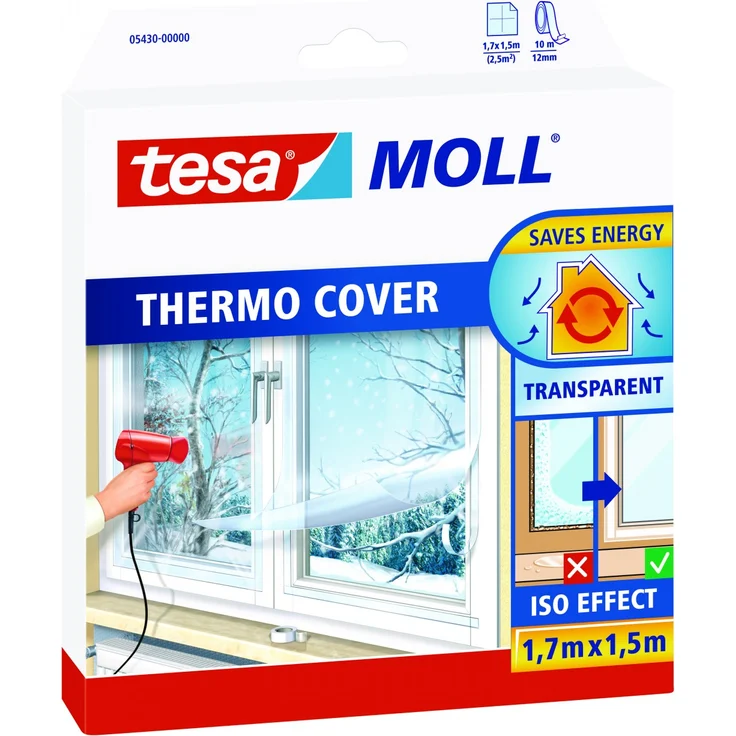 tesa Moll Fensterfolie Isolierfolie Thermo Cover transparent, 1,7 x 1,5 m – Bild 1