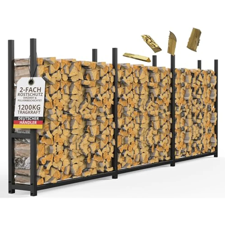 LAWA Living and Lifestyle Kaminholzregal außen, schmal 25 cm tief, verzinkt, 335x25x115 cm, Stapelhilfe für 25-33 cm Scheite, Schwarz, stabil und witterungsbeständig – Bild 1
