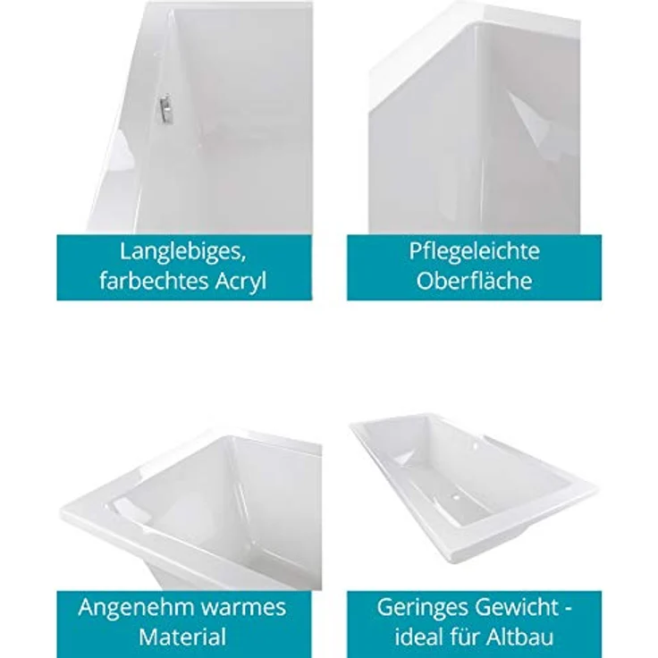 Calmwaters® Rechteck Badewannen-Set 170x75 cm mit Wannenfüßen & Ablaufgarnitur, Acrylwanne Modern Select, Körperformwanne, Set Badewanne komplett, 170 x 75 cm, Weiß, 99000293 – Bild 2