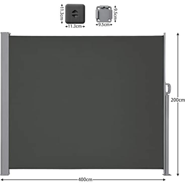 LARMNEE Seitenmarkise Dunkelgrau, Rostbeständige, ausziehbare 200 x 400 cm Markise mit Wind- und Sonnenschutz für Balkon, Terrasse und Garten – Bild 2