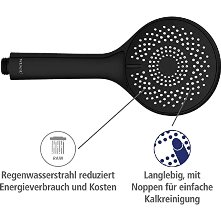 WENKO Handbrause Watersaving, Schwarz matt, Ø 11 cm, Nachhaltige Duschbrause mit Regen-, Massage- und Intensivfunktion – Bild 5