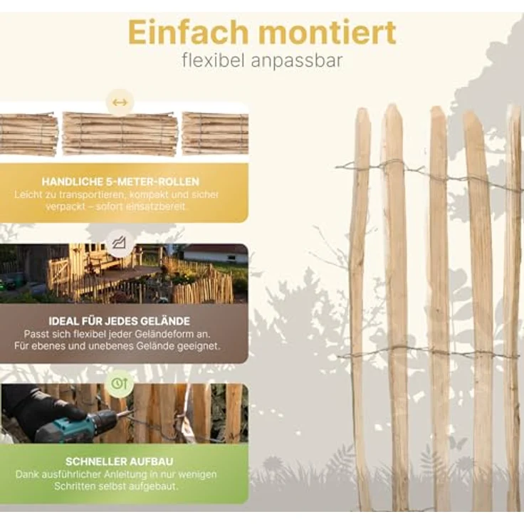 STILTREU Englischer Staketenzaun Kastanie, 5 Meter lang, 75 cm hoch, witterungsbeständig mit 4-6 cm Lattenabstand – Bild 6