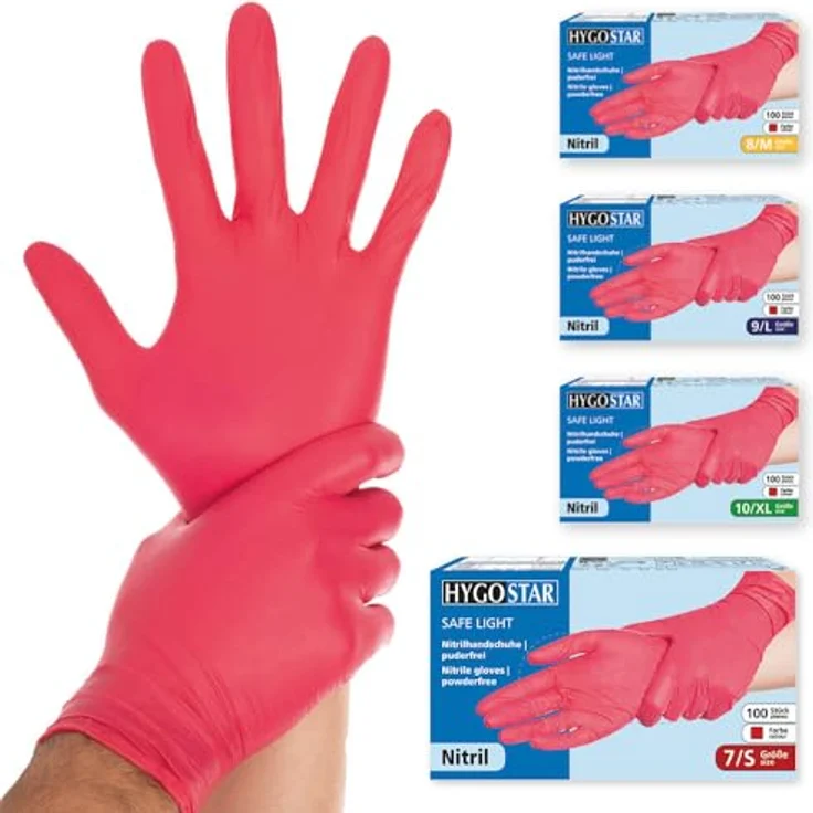 FRANZ MENSCH Hygostar Nitrilhandschuhe Safe Light | puderfrei, rot, 7/S, 24cm, 100 Stück, Einmalhandschuhe – Bild 1