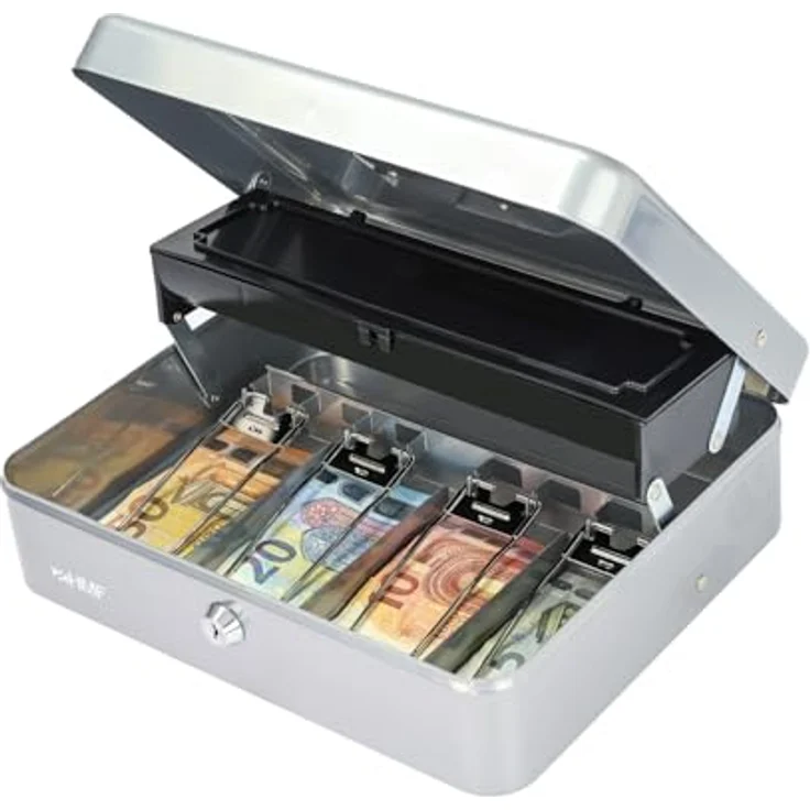 HMF 15230-09 Geldkassette abschließbar mit Münzeinsatz und 4 Scheinfächern, Silber, 30 x 24 x 9 cm, inkl. Tragegriff und Zylinderschloss – Bild 4