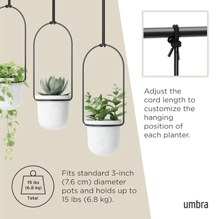 Umbra Triflora Vase, Hängeblumentopf, Wandvase, Blumenampel für Wand-und Deckenanbrinung, Melamin, Metall, Weiss-Schwarz, 3er-Set – Bild 5