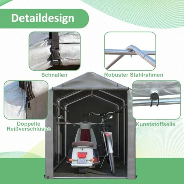 Thanaddo Fahrradgarage 100x187x160cm, robuster Carport mit verzinktem Stahlrahmen, dunkelgrau – Bild 5
