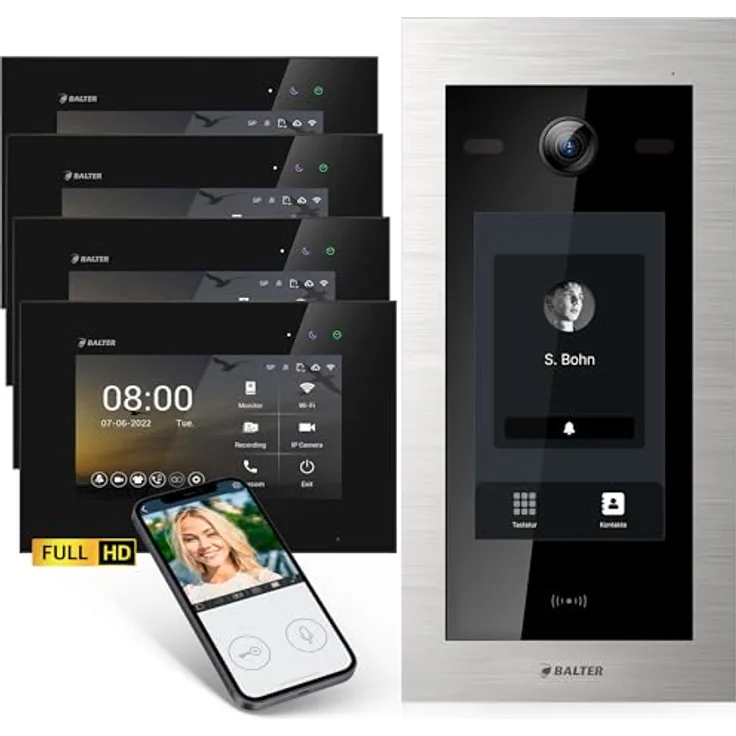 Balter EVO-HD Video Türsprechanlage, Komplettset für Einfamilienhaus, 4x 7 Zoll Touchscreen Monitore, Full HD Kamera, 175° Weitwinkel, Smartphone App, RFID-Türöffnung