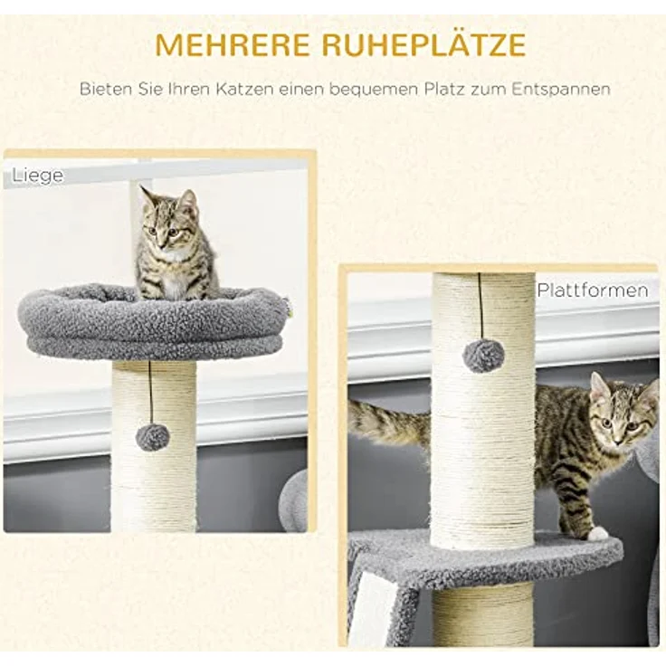 PawHut Kratzbaum 92H cm Kletterbaum mit Kratzbrett und Spielball Katzenbaum Dicke Sisalsäule Katzenspielzeug mit Rampe Lammfell-Imitat Dunkelgrau+Cremeweiß – Bild 4